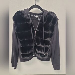 DKNY Faux Fur‎ Hooded Black Zip Up Jacket Size Small